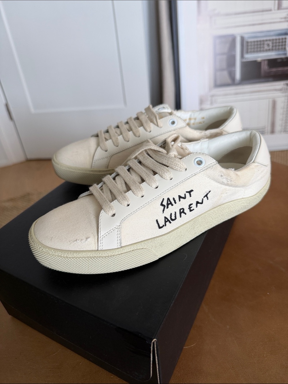 Saint Laurent Off-White Canvas Low-Top Sneakers Distressed 38/7.5